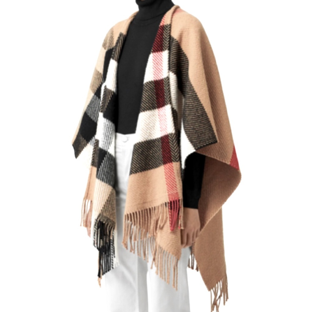 BURBERRY CHECK WOOL & CASHMERE FRINGE CAPE.